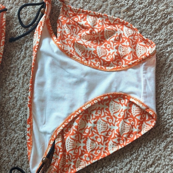 American Eagle Outfitters Orange & Cream String Bikini w Black Beaded Ties L/XL - Picture 10 of 11